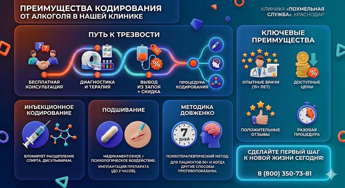 Инфографика о методах кодирования от алкоголя в Богучаре: инъекции, подшивание, метод Довженко. Преимущества клиники и этапы лечения.